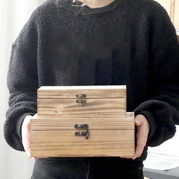 NEW Set of 2 - Wooden Box Rustic Farmhouse Decorative Boxes with Hinged Lid - Picture 5 of 10